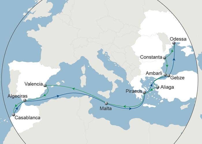 Le Black Sea Marmara Morocco (BSMAR) sera connecté au reste du monde via son hub de Malte. Hebdomadaire, il reliera la mer Noire, la Turquie, le Maroc et l’Espagne. Crédit photo CMA CGM